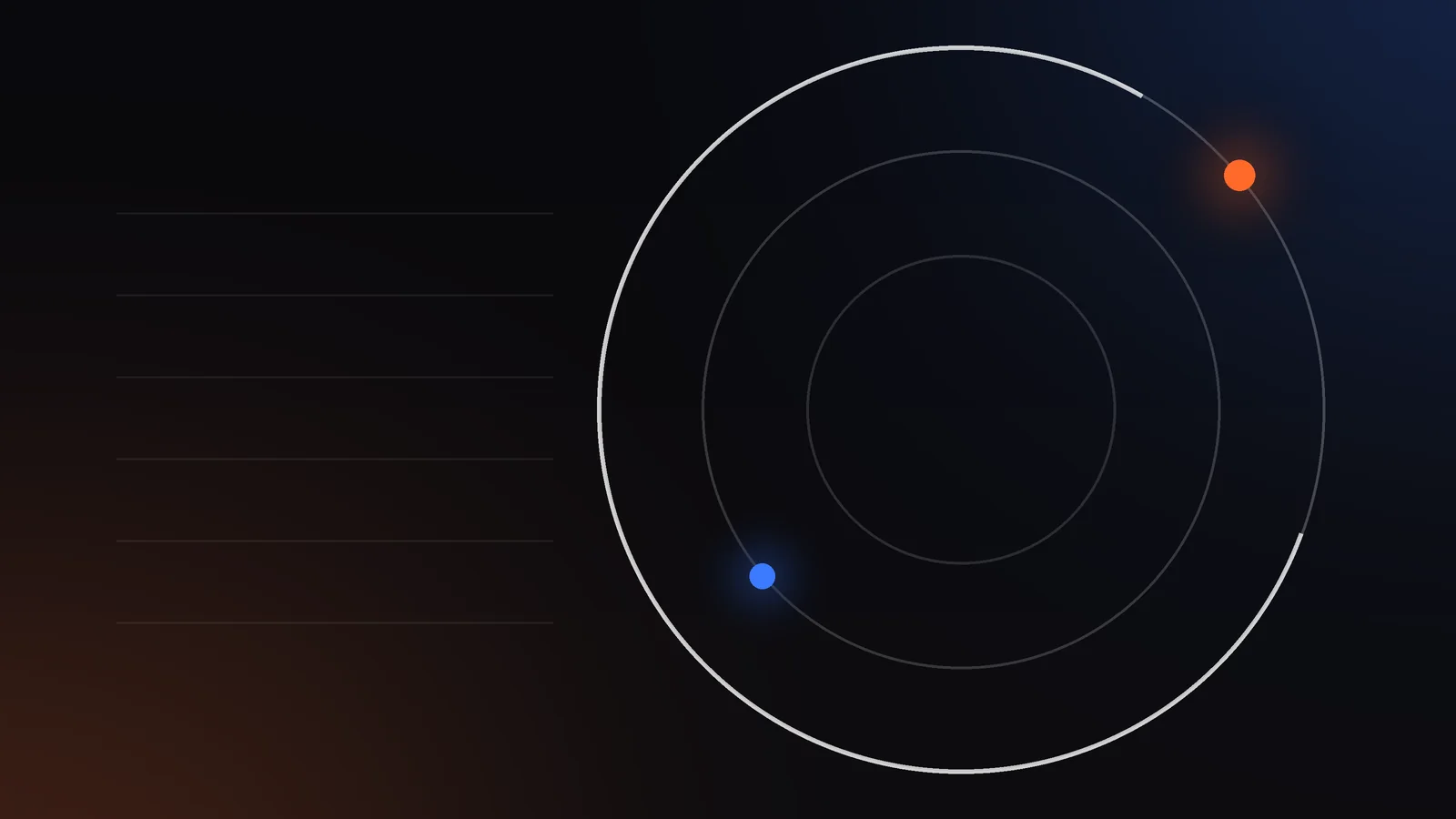 Tre cerchi concentrici con un punto arancio e uno blu che si incontrano su sfondo scuro